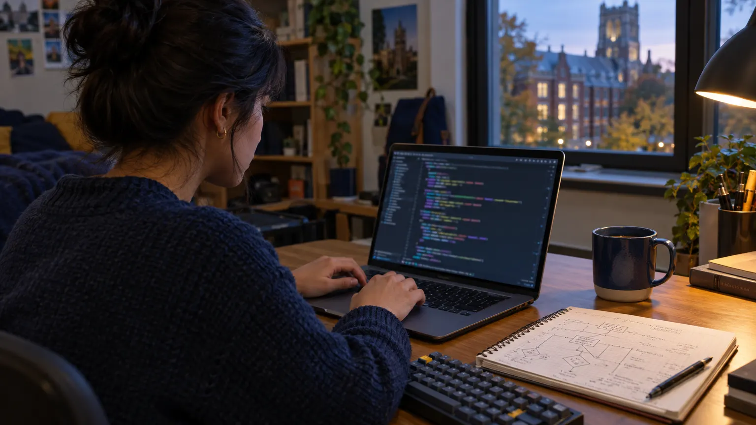 A laptop with a code editor and handwritten notes