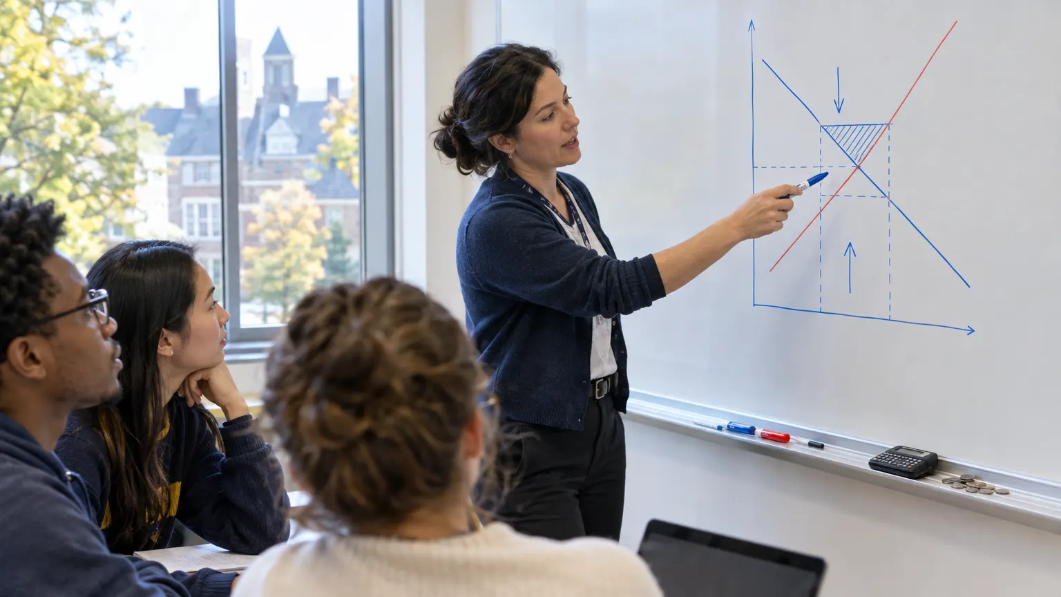 Supply and demand curves on a whiteboard