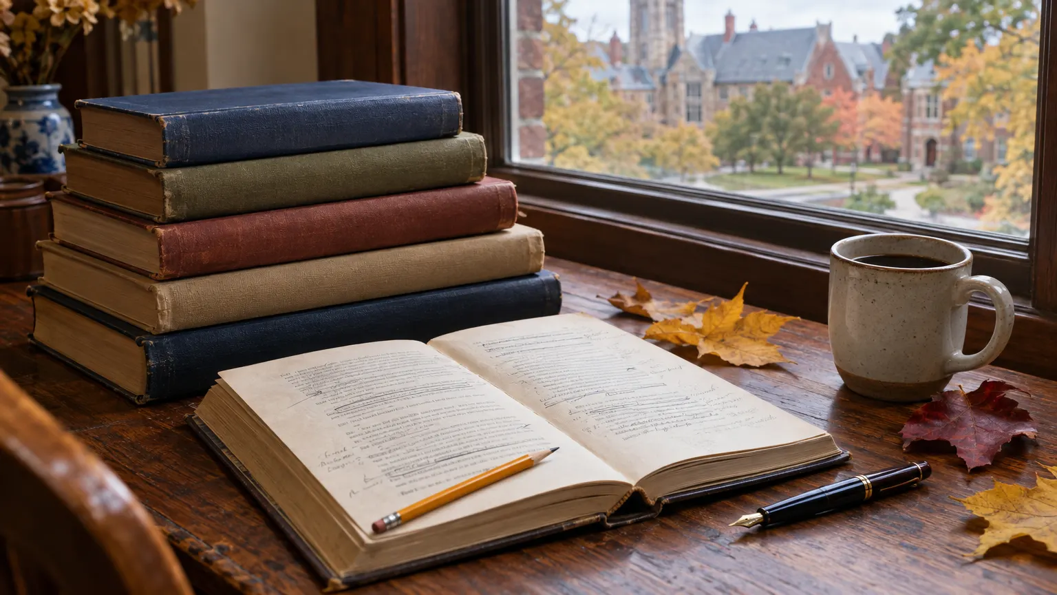 Annotated novels and poetry on a desk