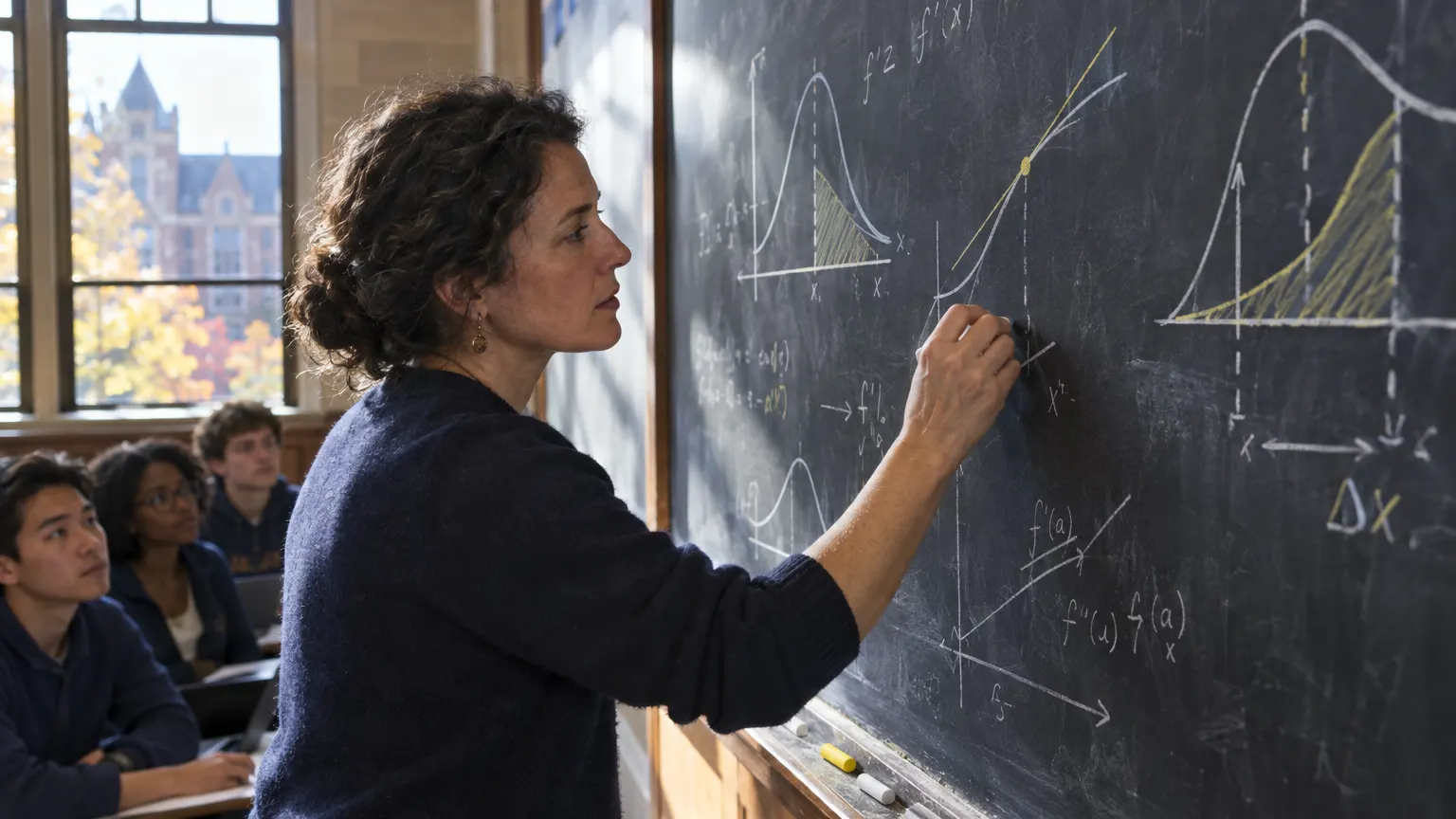 A chalkboard with graphs of functions and tangent lines