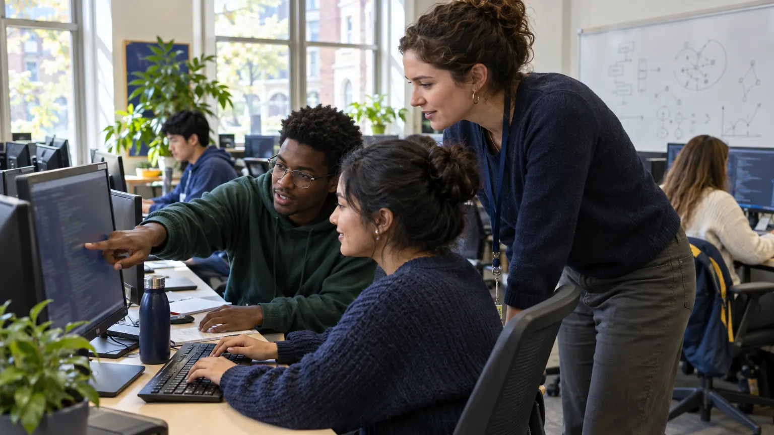 Students pair-programming in a CS 150 lab in Ashby Hall