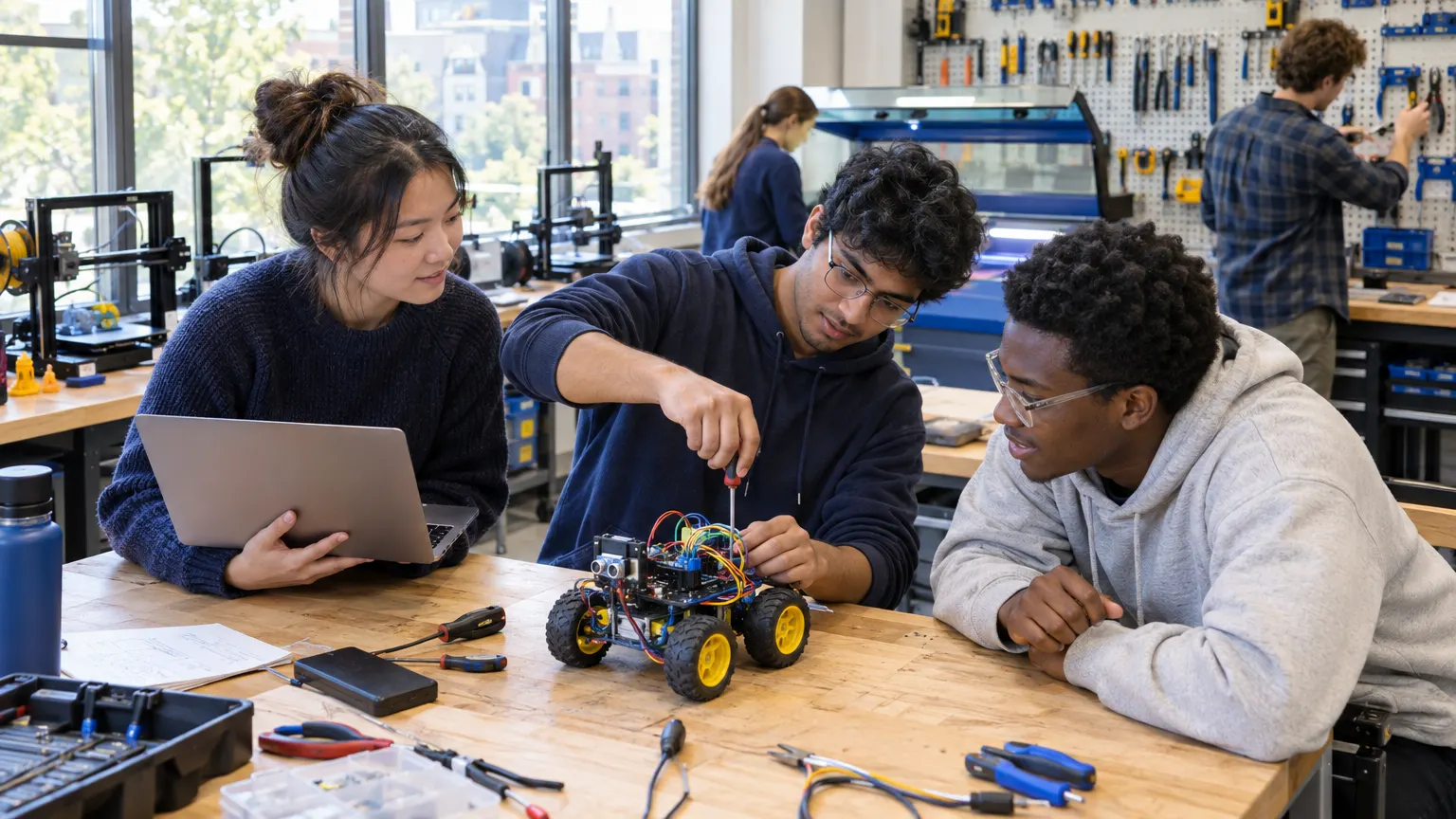 Engineering students test a robot in the Rowan Engineering Center makerspace