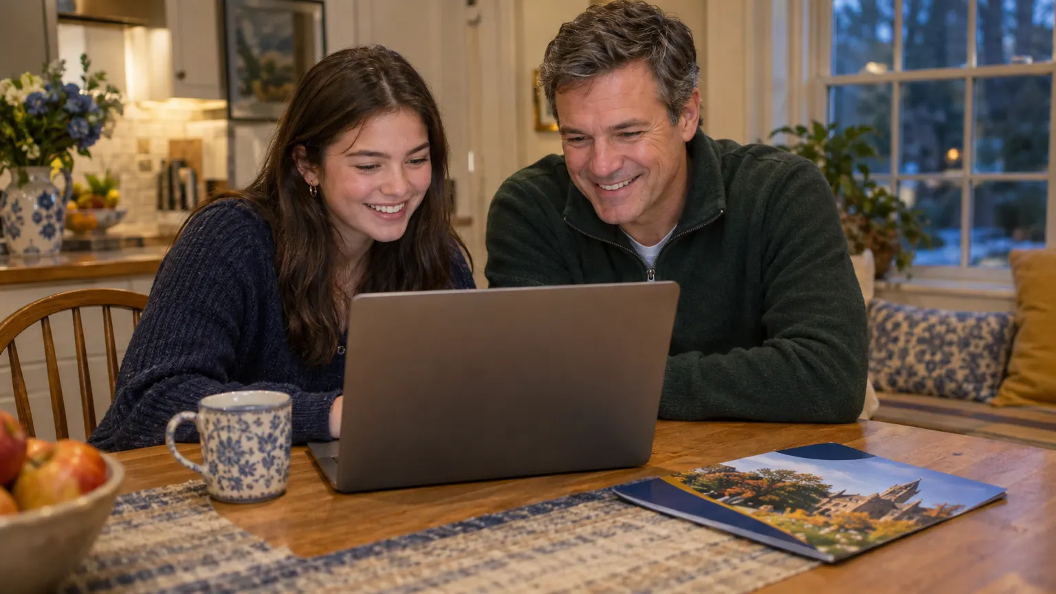 A high school senior and her father look at college information together at home