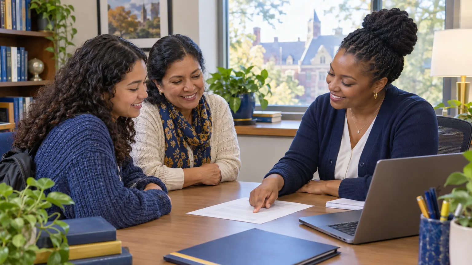 A financial aid counselor meets with a student and her mother