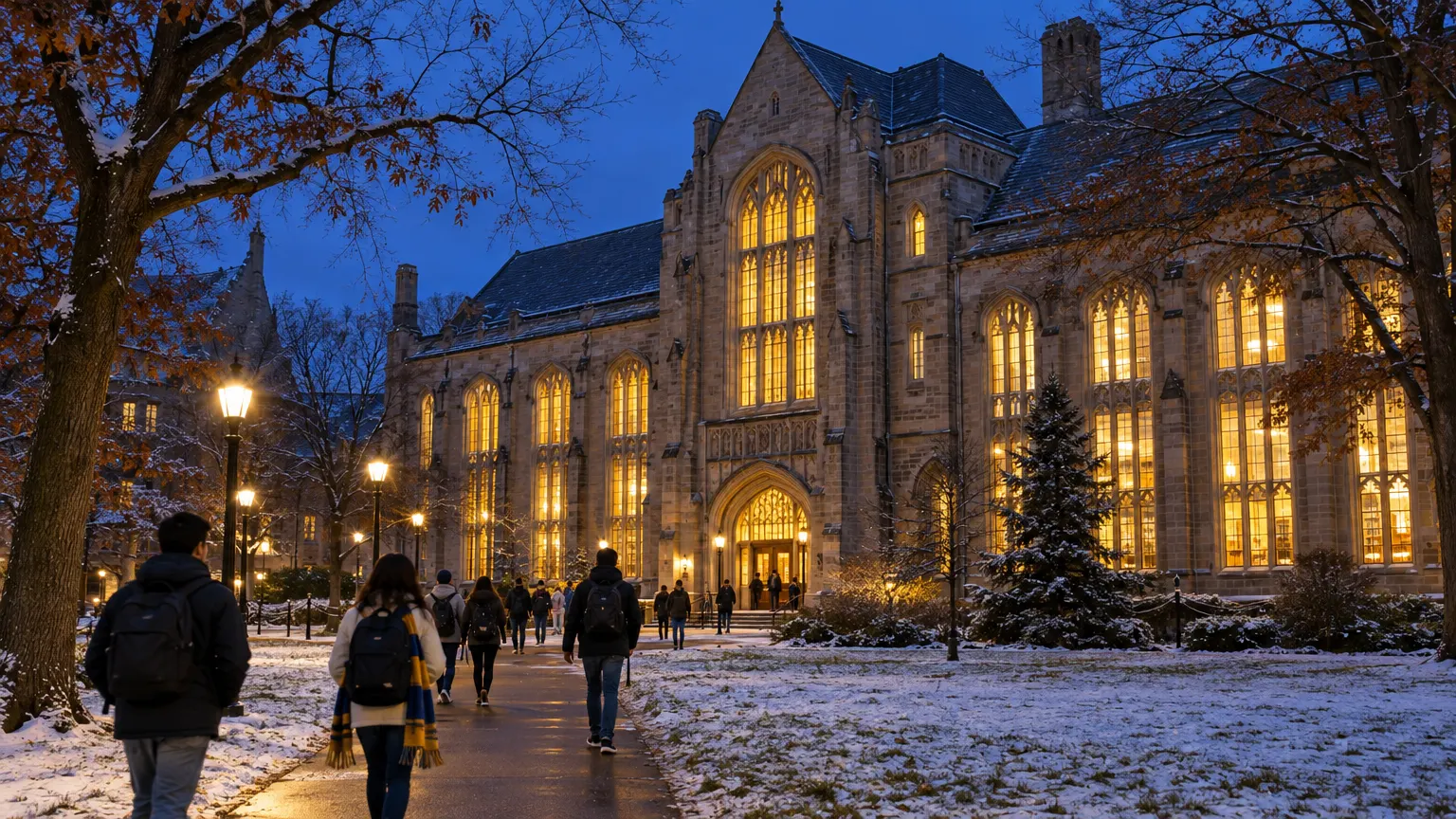 Whitcombe Library lit up at night during finals