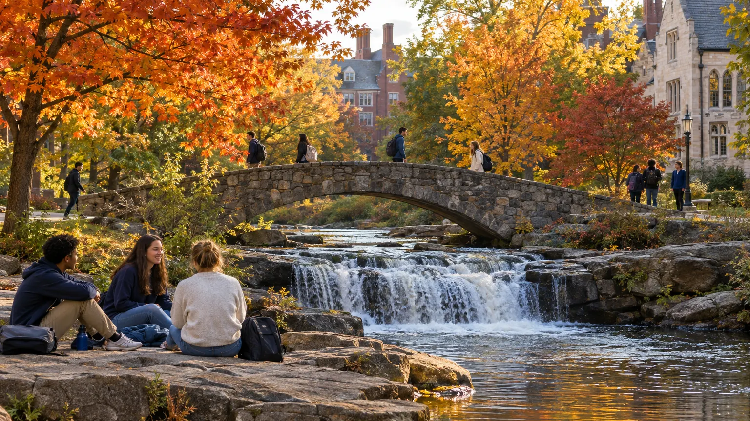 The Merrow River falls and footbridge at the edge of campus