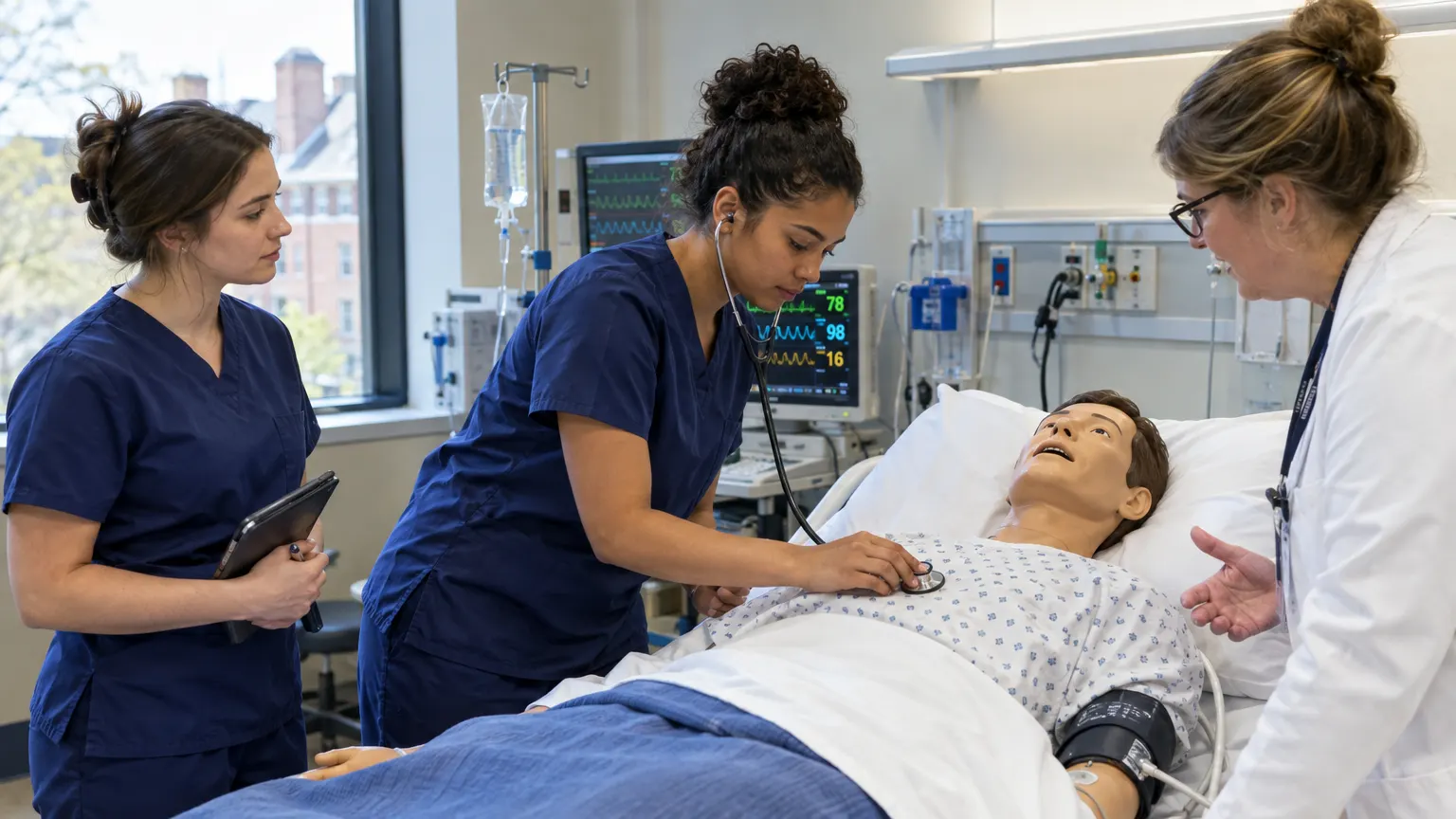 Nursing students in a simulation lab in the Calder Health Sciences Building