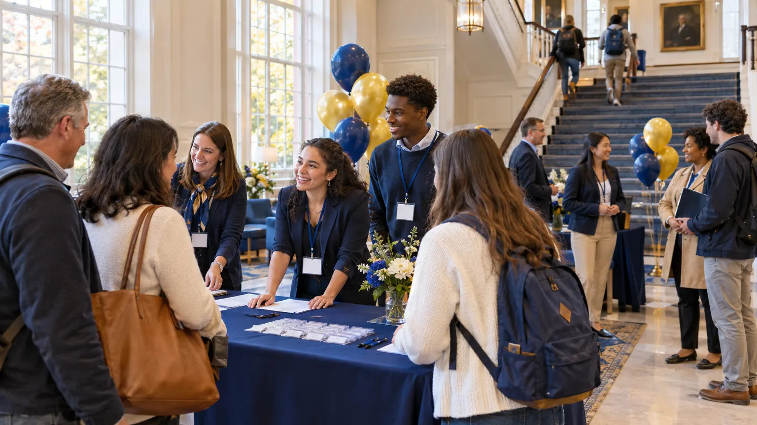 Families arrive for an Open House in the Founders Hall Welcome Center