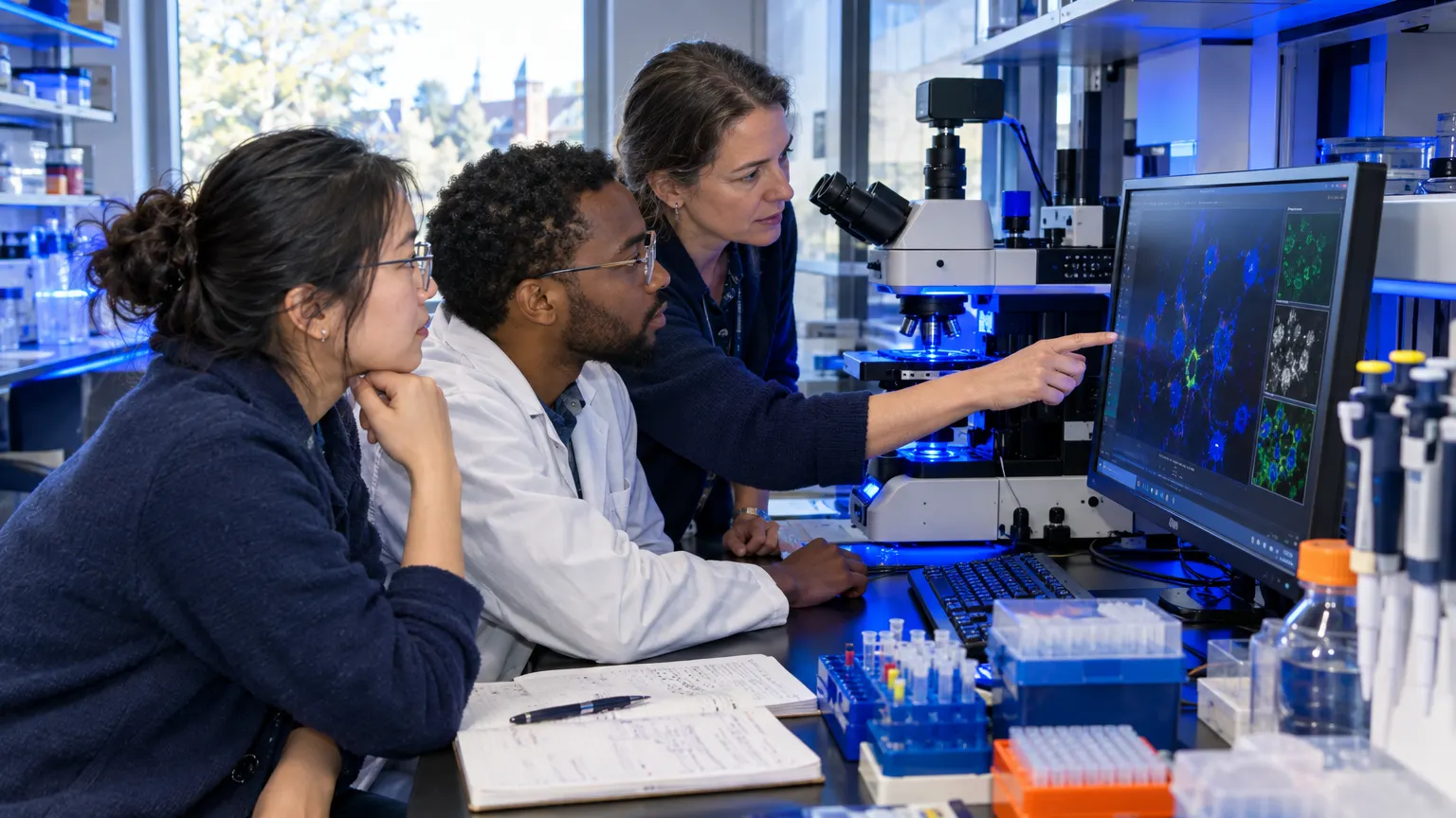 Graduate researchers in a lab in the Meridian Science Center