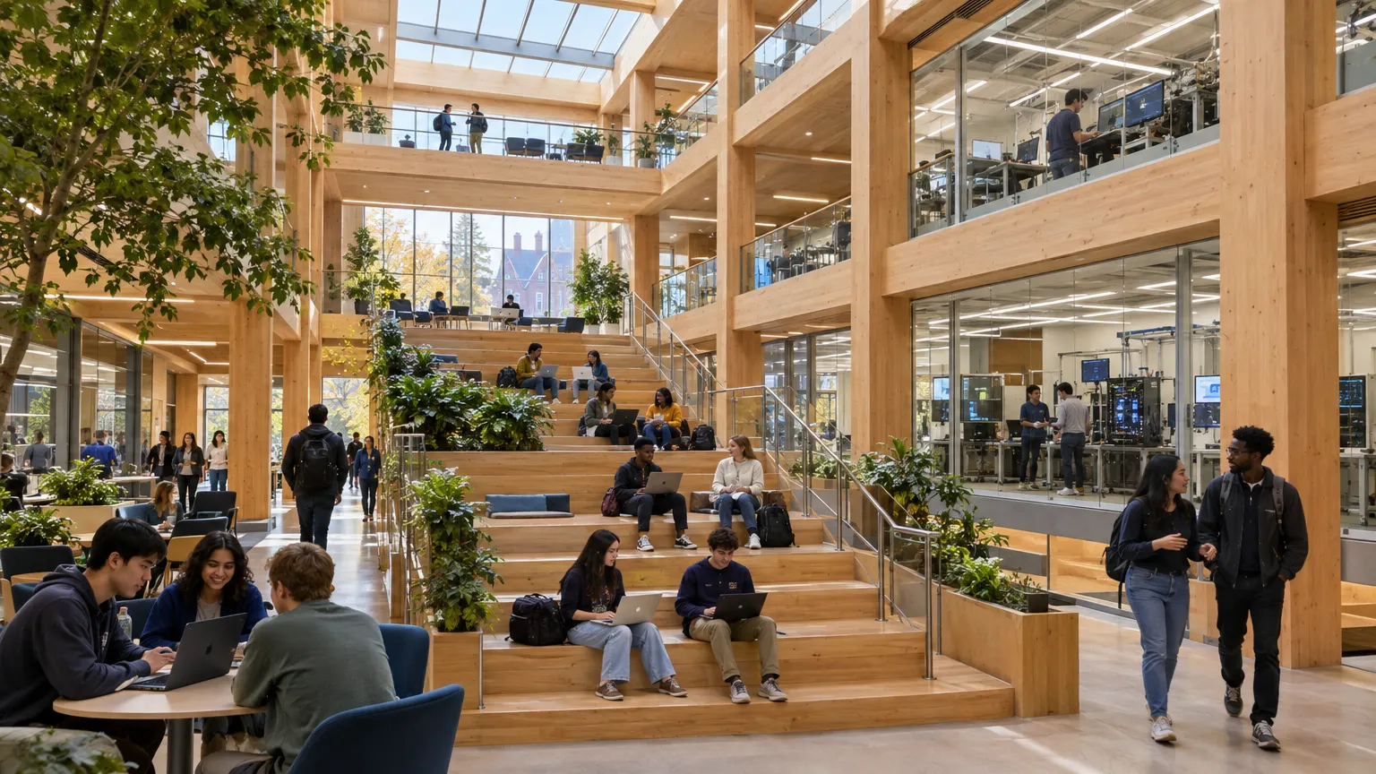 The five-story timber atrium of Kittredge Hall