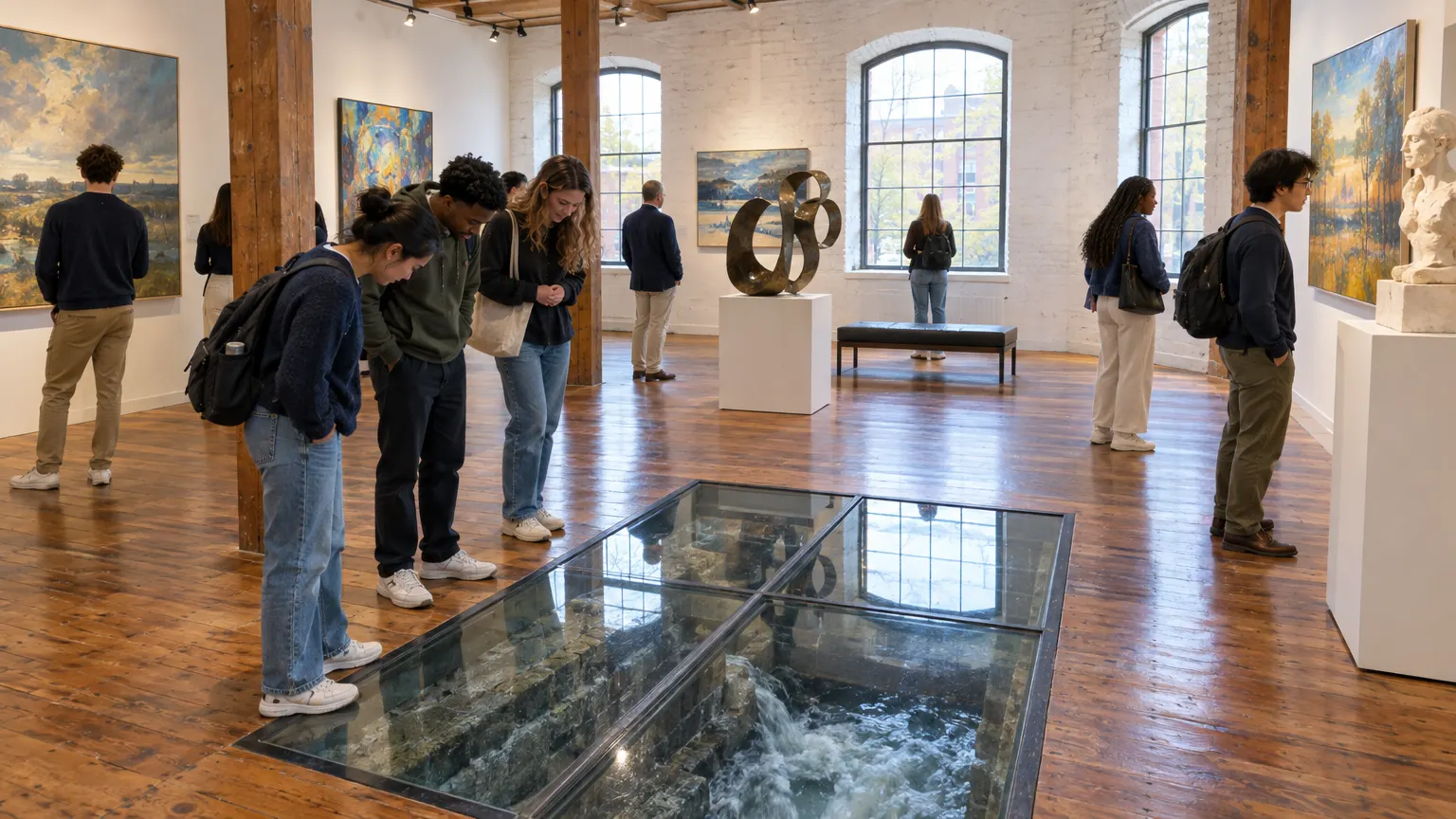 The Millworks Gallery, with the old turbine race visible through a glass floor panel