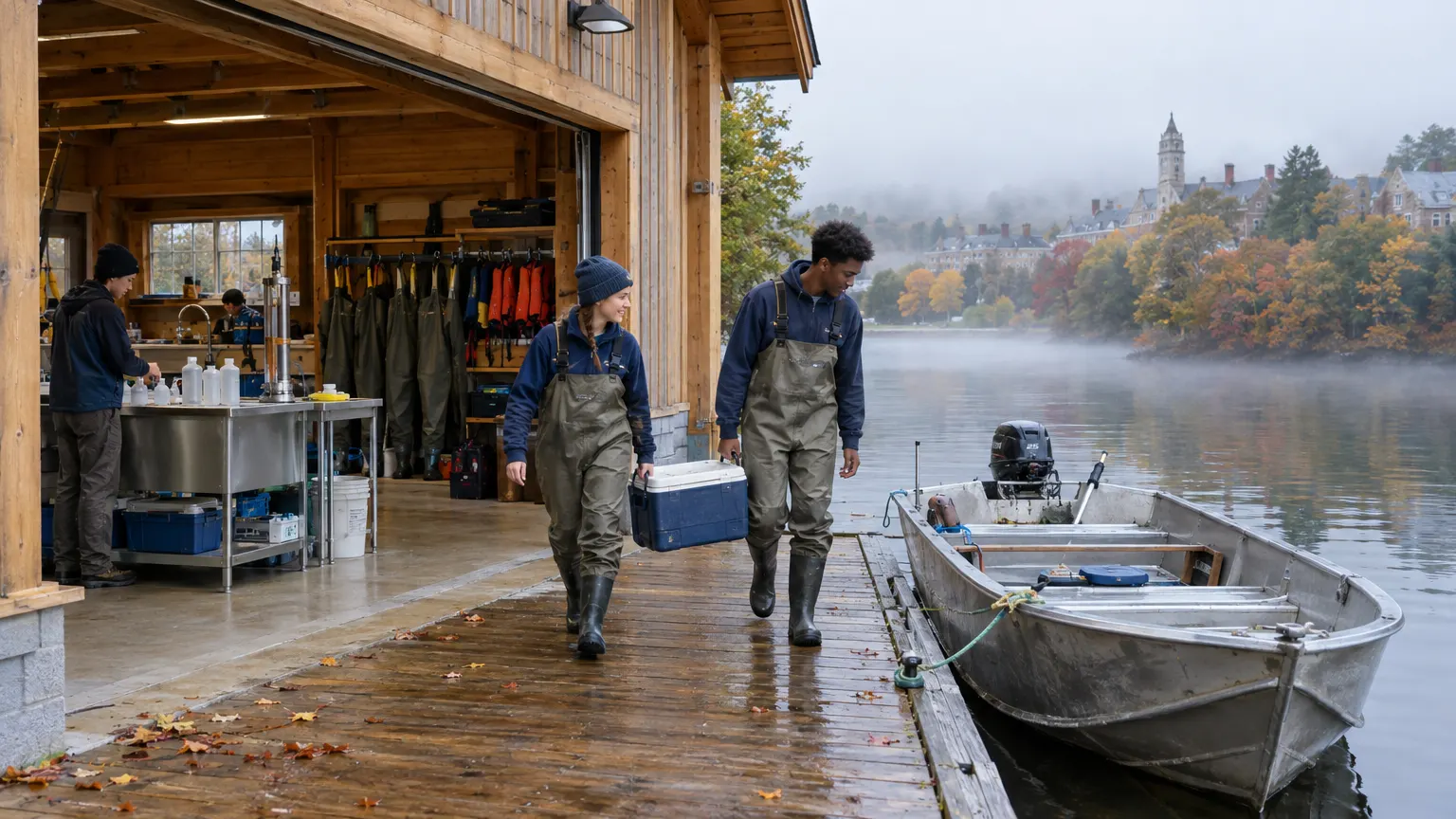 The Merrow River field station and sampling dock at Riverbend Hall