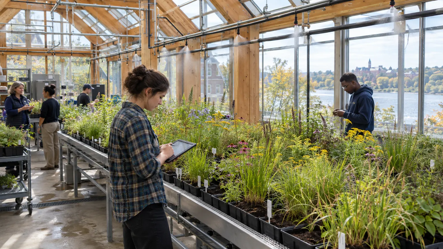 The research greenhouse attached to Riverbend Hall