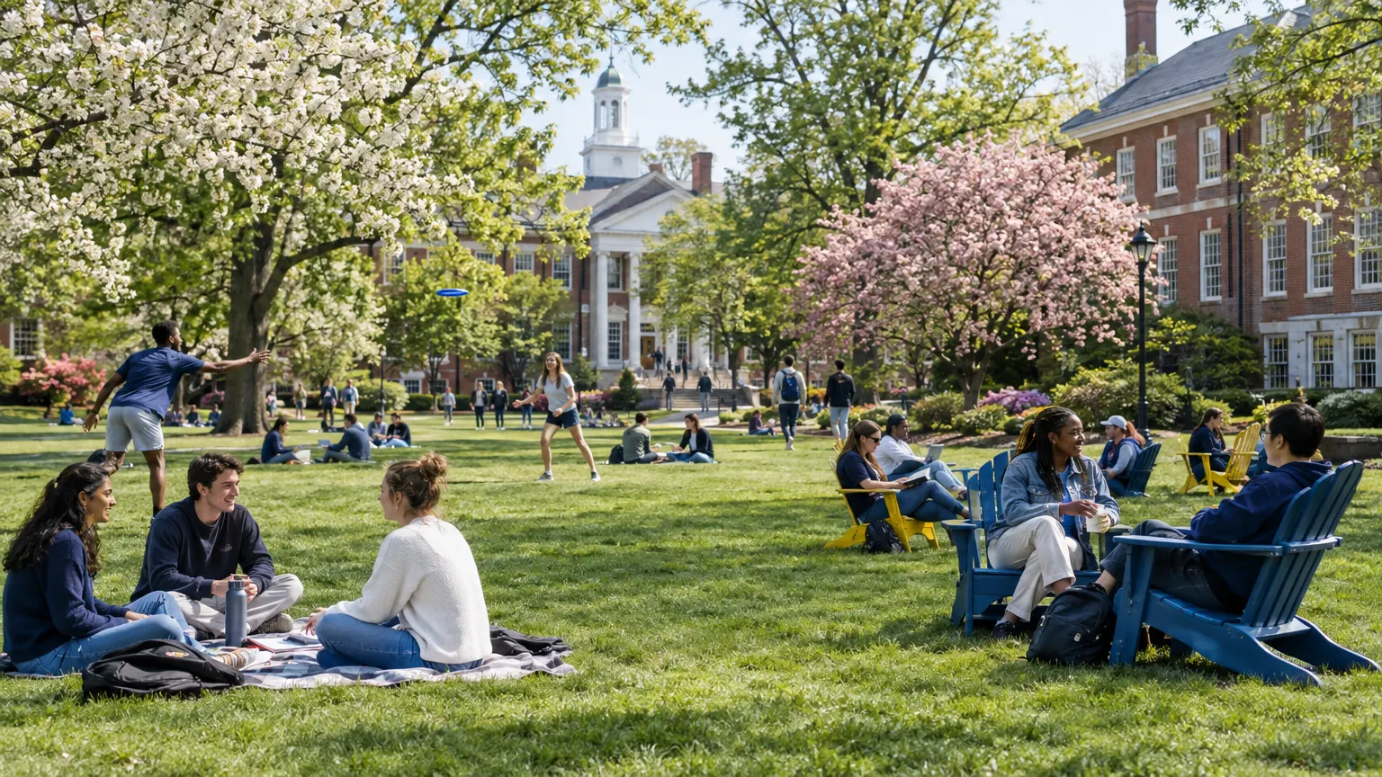 Students on the Main Quad on a spring afternoon