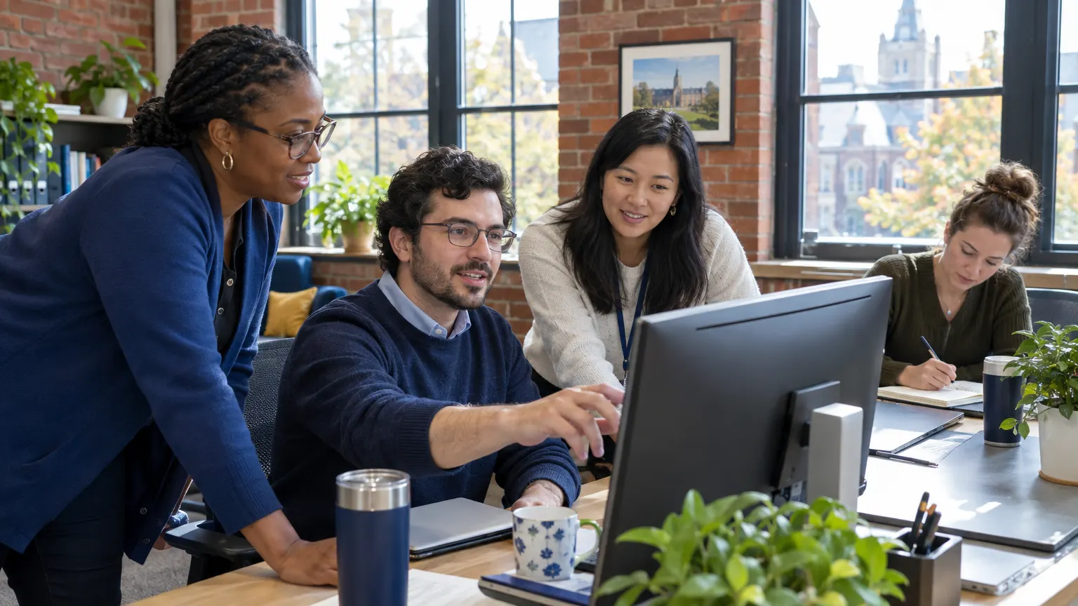University staff collaborating in Harlan Hall