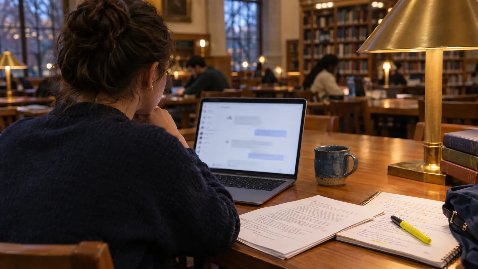 A student studies with a course assistant on her laptop